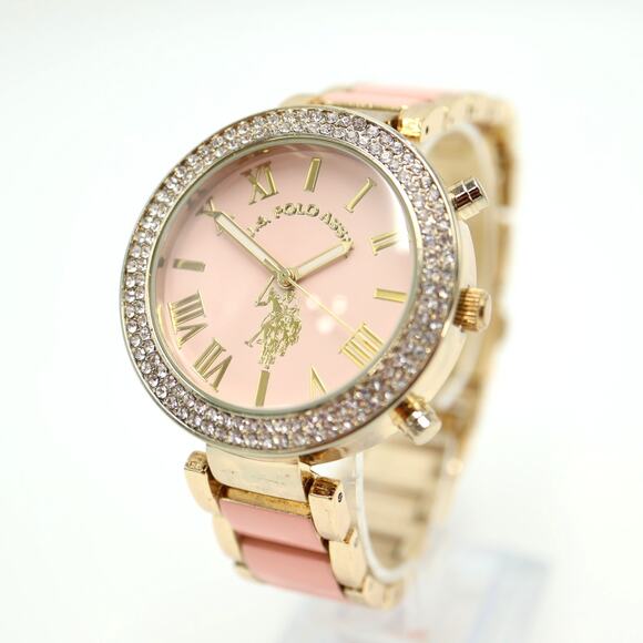 US POLO ASSN Ladies Pink Gold Tone Watch 40mm Jewel Bezel with New Battery - Picture 1 of 13
